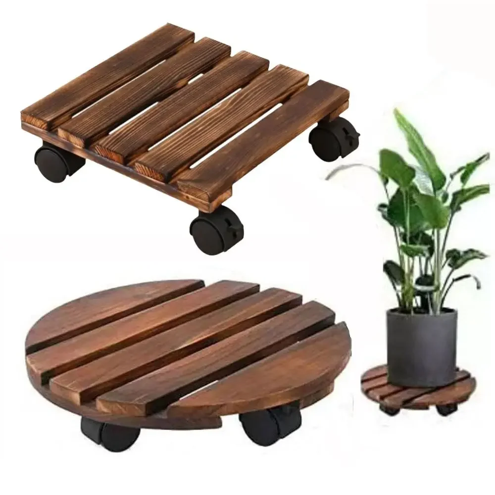 New Round/Square Plant Stand Wheels Rolling Thicken Plant Caddy Stand Portability Wooden Outdoor Dolly Garden