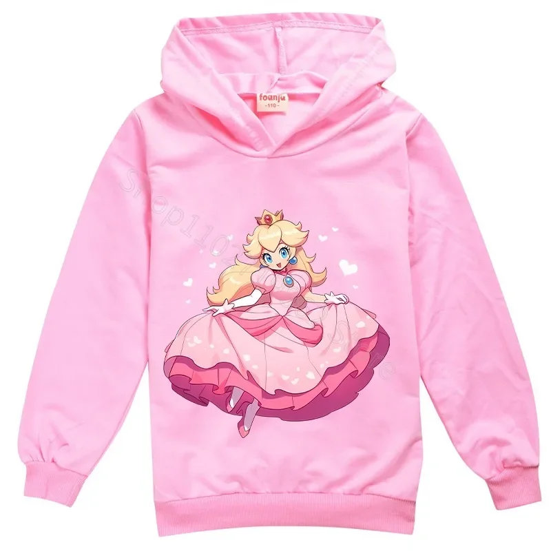 Felpa con cappuccio Super Mario Bros Principessa Peach Luigi Abbigliamento per bambini Gioco Personaggio dei cartoni animati Stampa grafica Cappotto invernale Regali