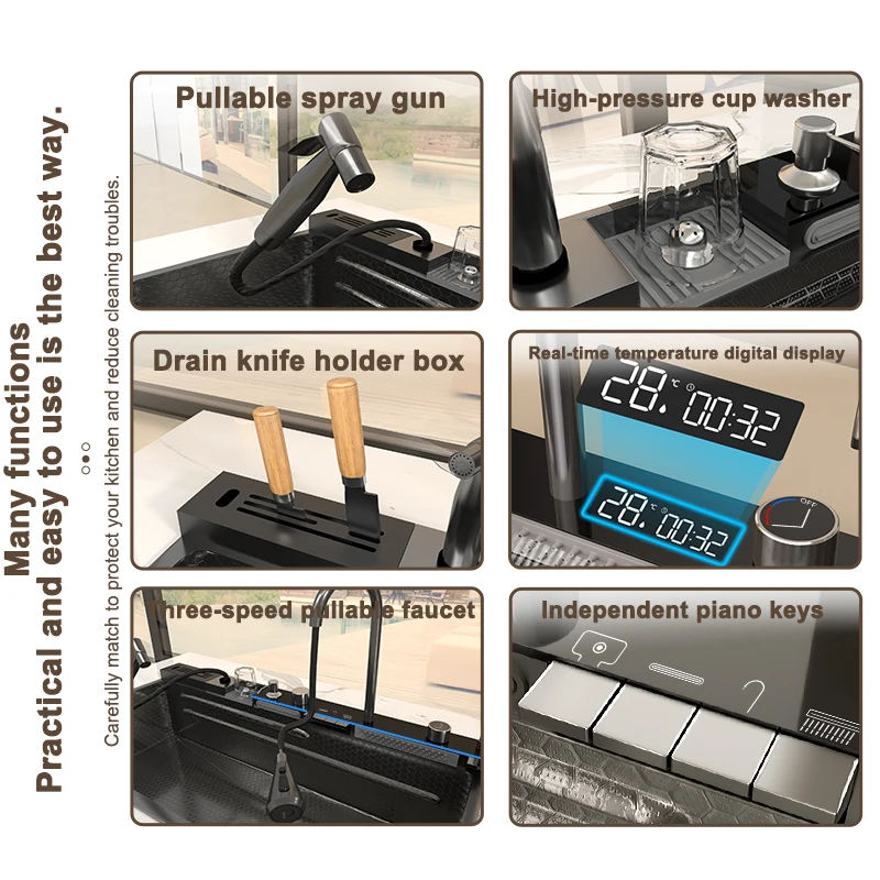 Wastafel dapur air terjun baja tahan karat, Set keran tampilan Digital wastafel ukuran besar dengan Slot Tunggal ekstra besar