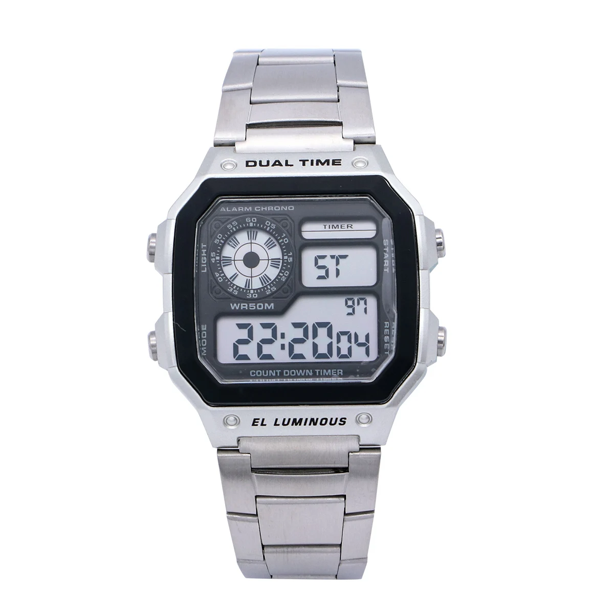 

Stainless Steel LED Digital Men Sports Watch Waterproof Multifunctional Chronograph Alarm Date Week Silver