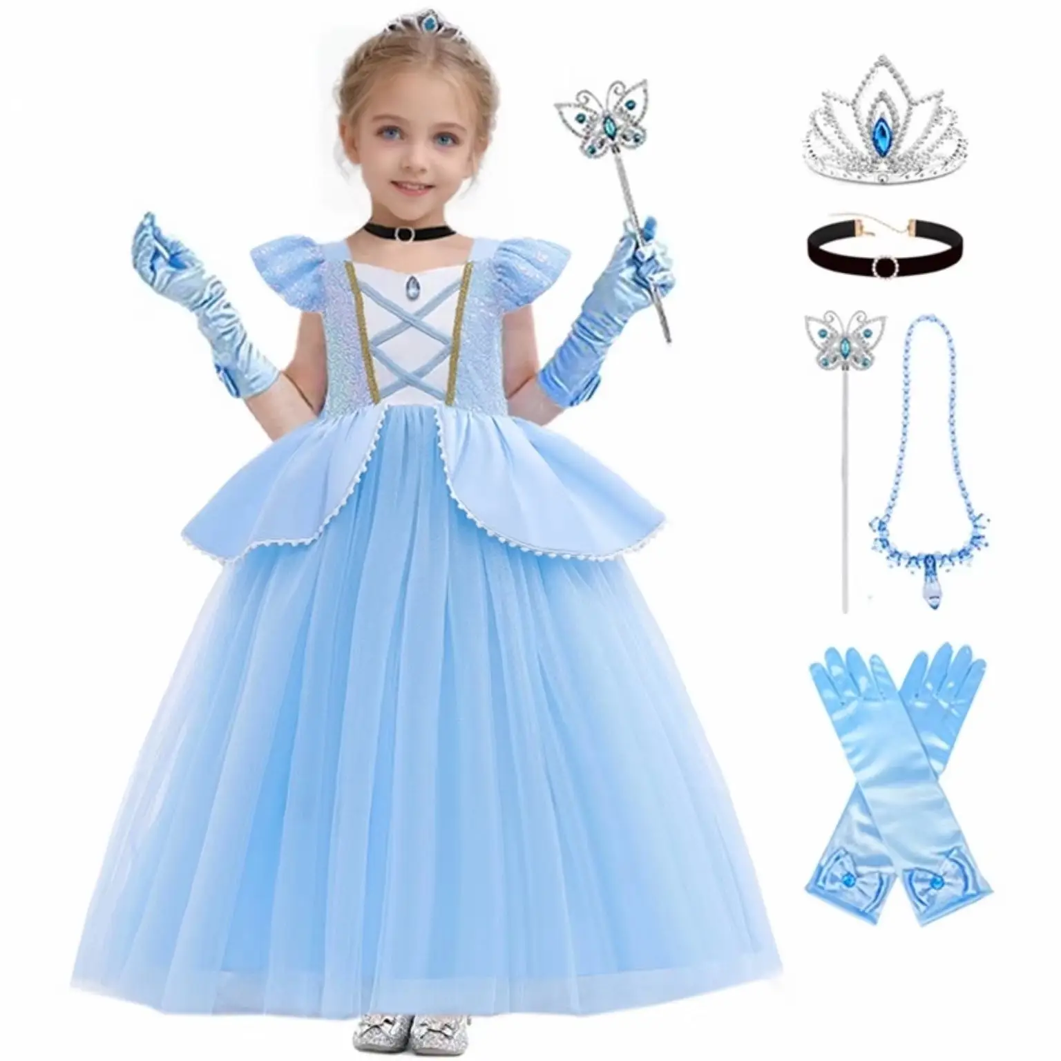 Kids Princess Fancy Cinderella Costume Sequins Big Bow Mesh Dress For Girls Carnival Halloween Pumpkin Car Birthday Party Outfit