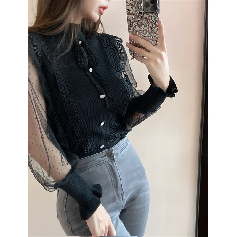 White Bow Fungus Shirt Grunge Crop Top Ropa Mujer Graphic T  Bottom Knit Chiffon  Slim Puff Black Polka Dot