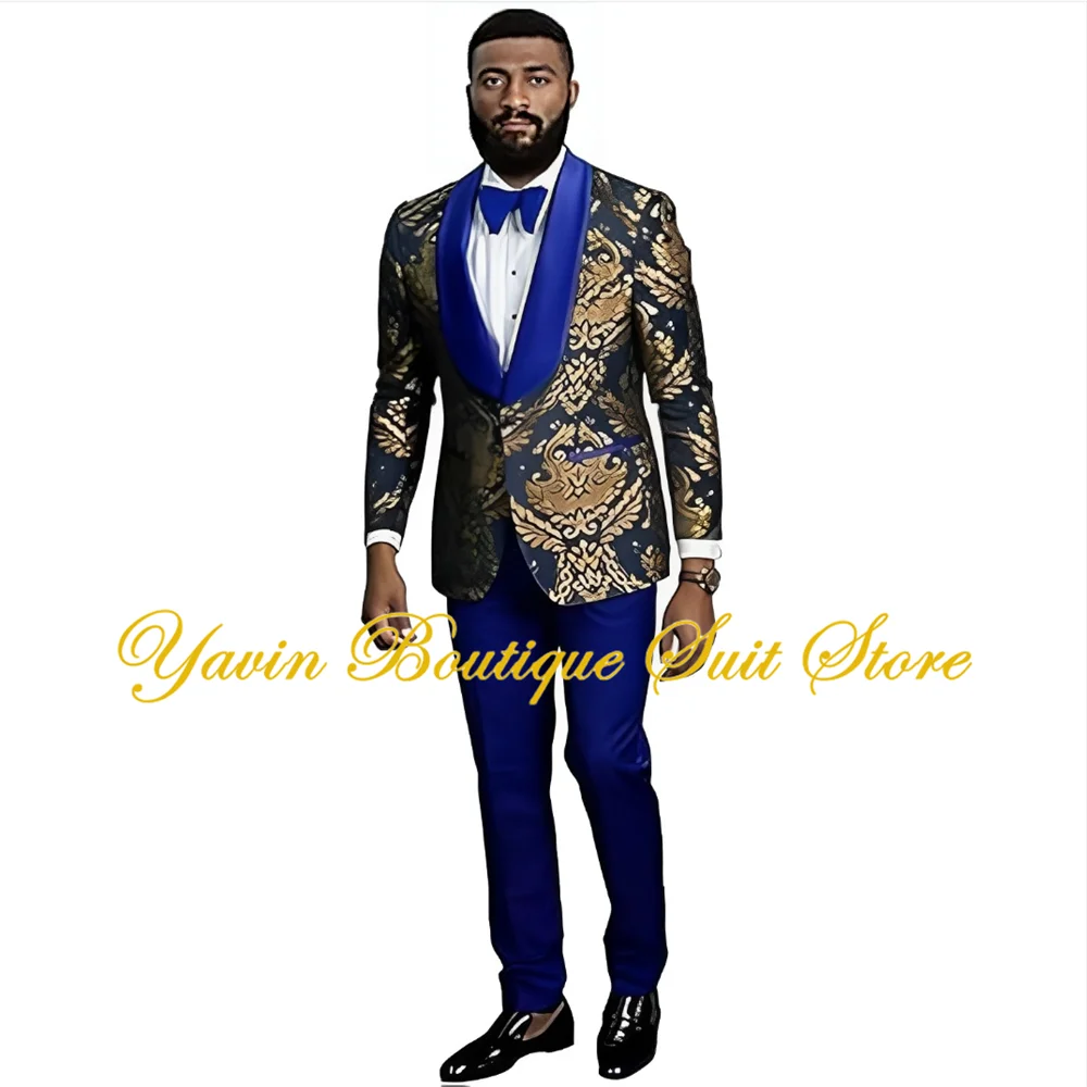 

Gold Floral Men's Suits Blazer Wedding Groom Tuxedo 2-piece Set Formal Party Dress Elegant Jacquard Men's Suit