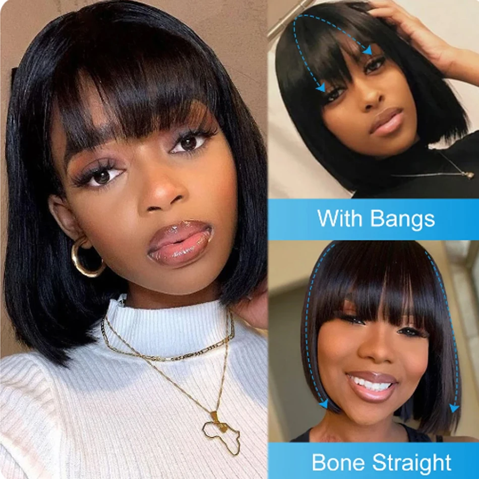 Straight Human Hair Wigs With Bangs Fringe 3X1 Part Lace Bob Wigs Realistic Scalp Brazilian Straight Virgin Bob Wigs With Bangs
