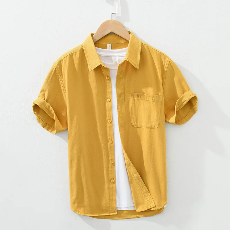 Yellow Short Sleeve Shirt for Men Cotton Button Up Shirts Summer New Patch Pockets # Embroidery Casual Tops Male Solid Clothing