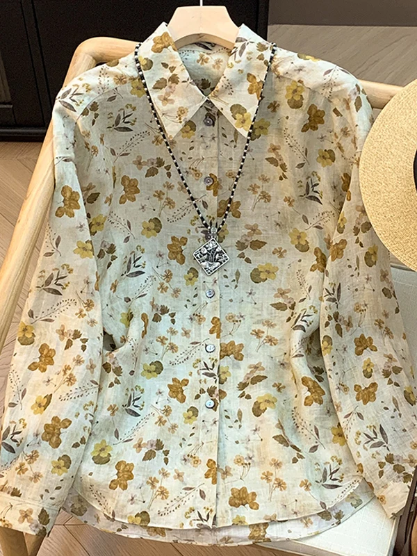 

Рубашка женская свободного кроя из хлопка и льна с длинным рукавом в стиле ретро, с принтом, на пуговицах, с воротником, для ранней весны, новинка