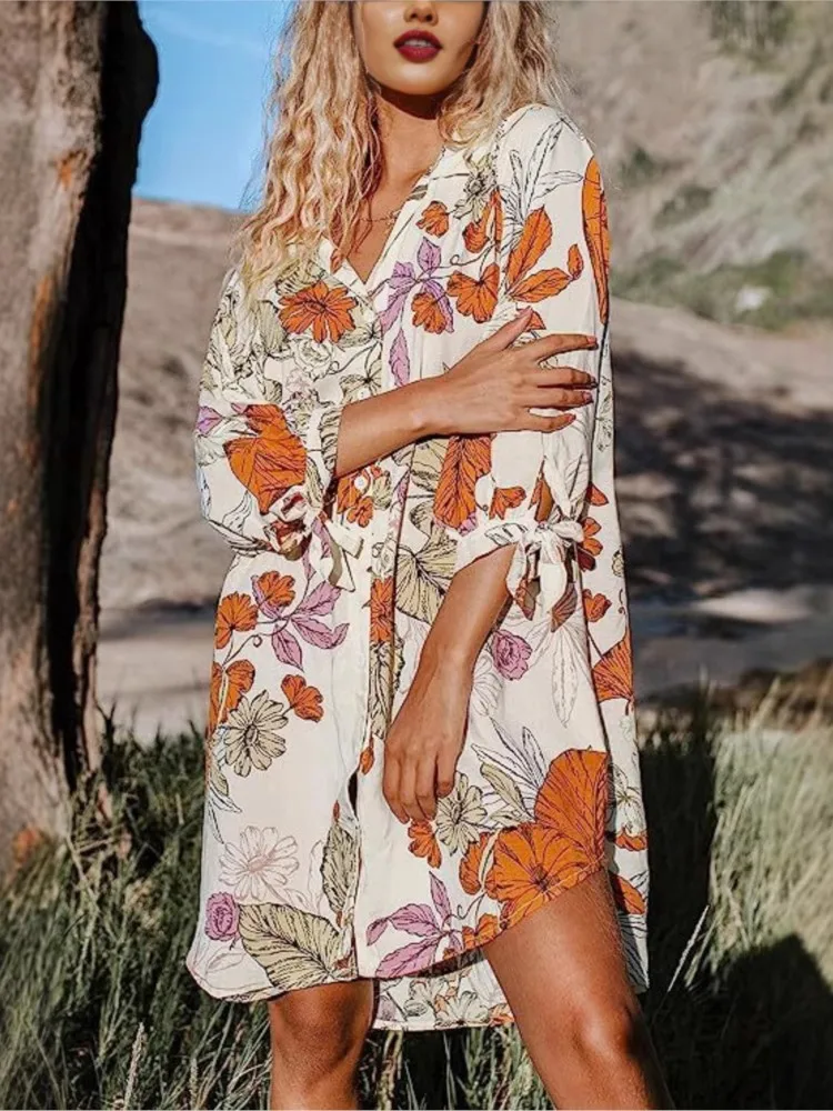 CPSYMYM  Fashion Floral Print Button Bikini Shirt Cover Up For Women Loose Holiday Chiffon Beach Dress Summer Casual Dress Beach