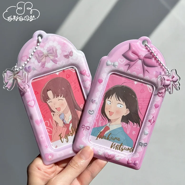 

Pink Bow Ribbon Glossy Card Holder Kawaii Photo Cards PC Holders for Instax ID Card Cover Girl Gift Keychain Pendant