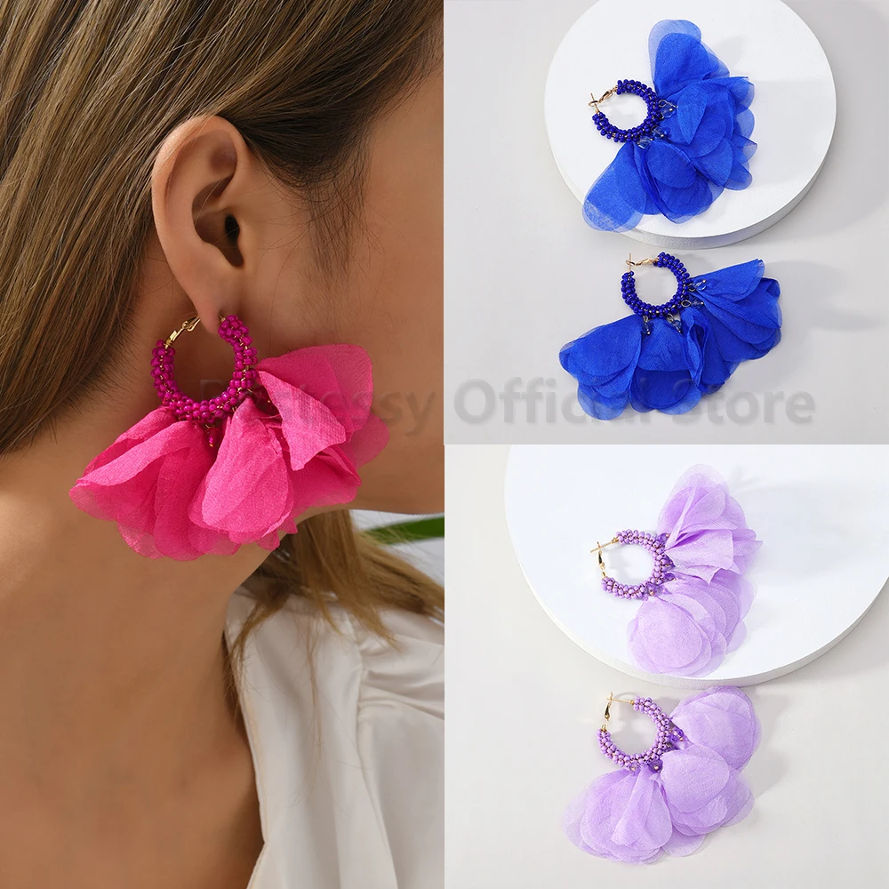 Boho Handmade Flower Petal Decor Dangle Earrings For Women New Trend Luxury Inlaid Rice Beads Cute Fairy Pendant Elegant Jewelry