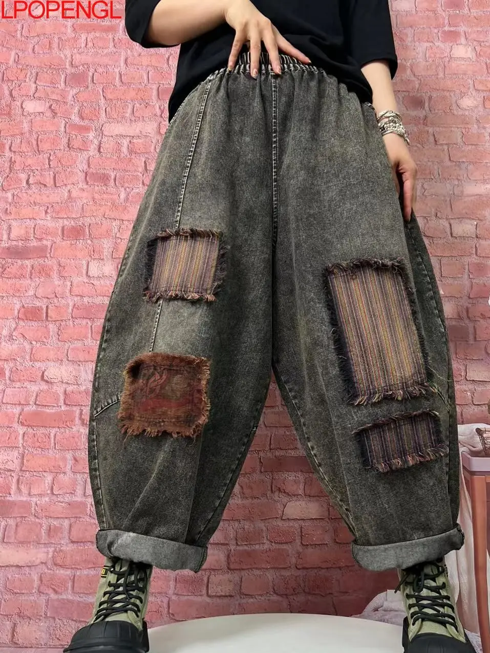 Woman Autumn New Patch Ankle-length Pants Casual Literary Vintage Versatile Loose Jeans Streetwear Straight Denim Harem Pants