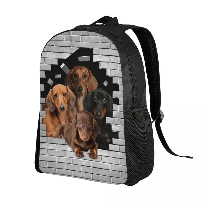 Mochila con estampado 3D de perro salchicha en ladrillo de cemento para hombre, bolsas de viaje universitarias para ordenador portátil de 15 pulgadas