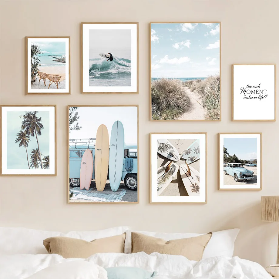 Beach Surfers Coconut Tree Car Canvas Painting Nordic Surf Posters And Prints Wall Art Pictures For Living Room Home Decor