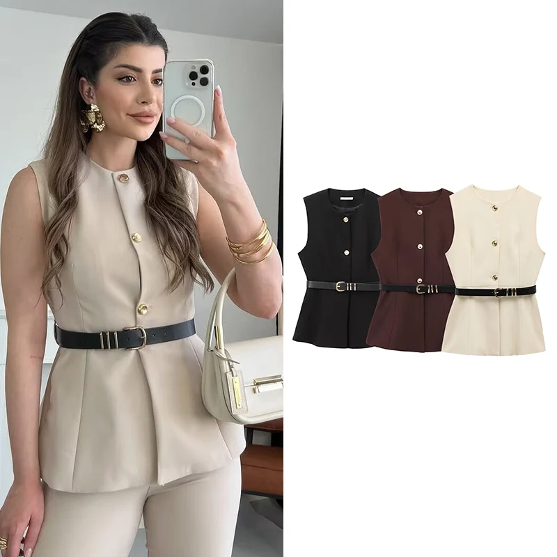 

2025 New Spring Vests Jackets Women's Vests Chic Slim Belt O-neck Women's Jacket Street Fashion Youth Joker Coat Vest
