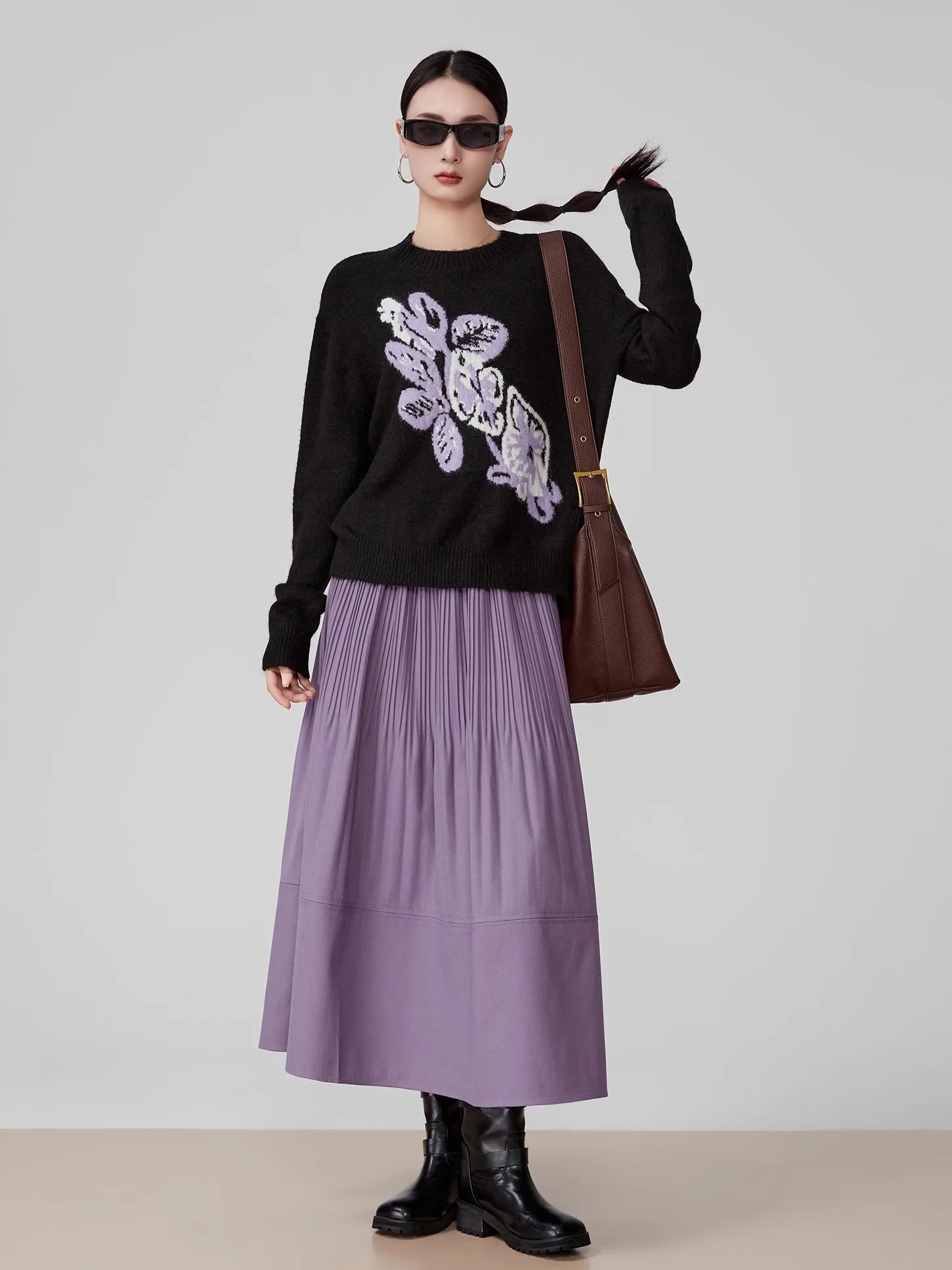 

Фиолетовый модный комплект из свитера и юбки для ранней весны, вязаный, повседневный, с длинными рукавами, круглым вырезом, из двух предметов