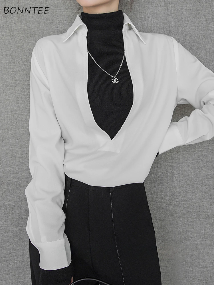 

Vintage V-neck Blouses Women Fashion Simple Office Lady Smart Casual Cleanfit Aesthetic Tops Elegant French Style Spring Autumn