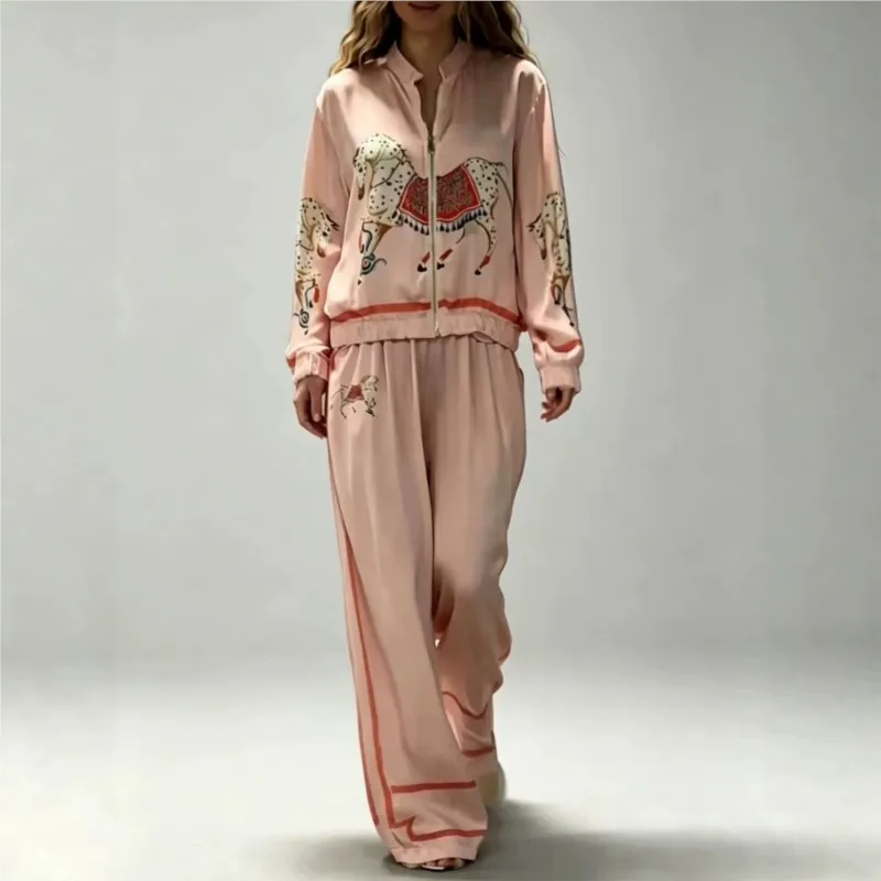 Elegant women's printed matching set, short jacket, high waist wide leg pants, women's casual vacation two-piece suit
