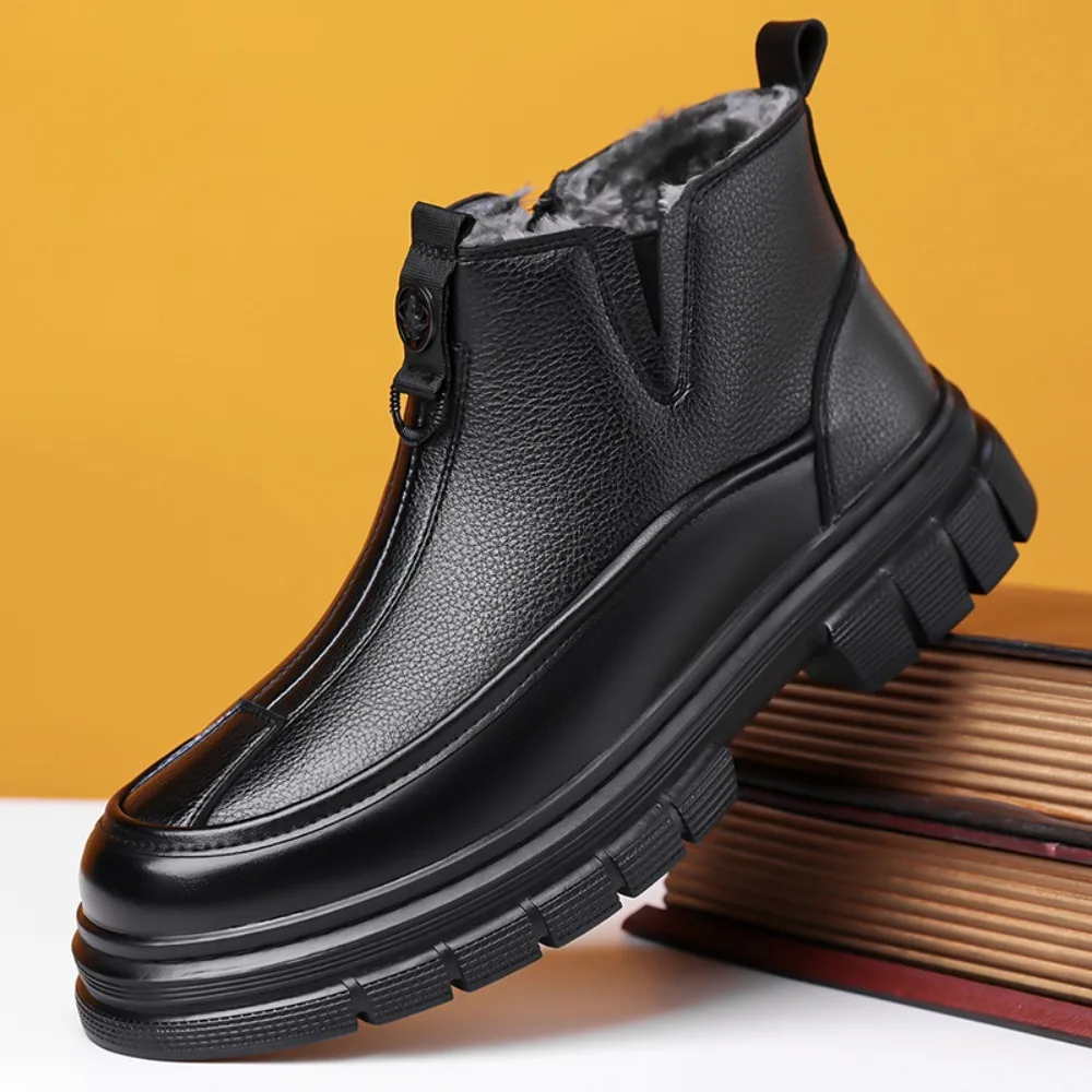 

Winter New Men's Leather Boots Men's High-top Thick-soled Cotton Shoes Plus Velvet Warm Wool Shoes Snow Comfort Non-slip Boots