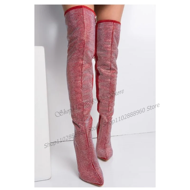 

Over The Knee Red Full Crystals Cross Tied Boots Thin High Heel Women Shoes Side Zipper Pointed Toe Casual Trending Women Boots