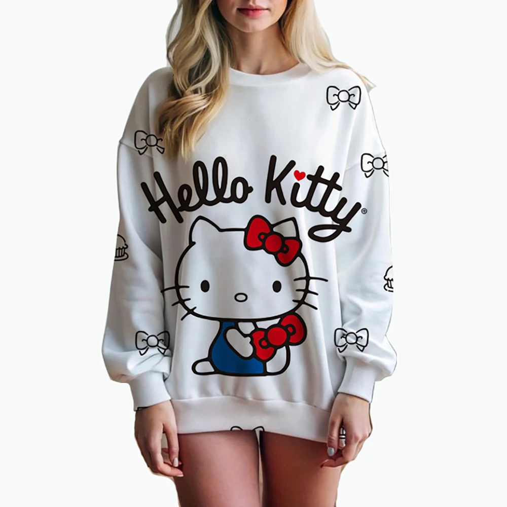 Hello Kitty Women\'s Autumn/Winter Sweet Cute Women\'s Cartoon Loose Round Neck Korean Y2k Girls\' Fashion Versatile Top