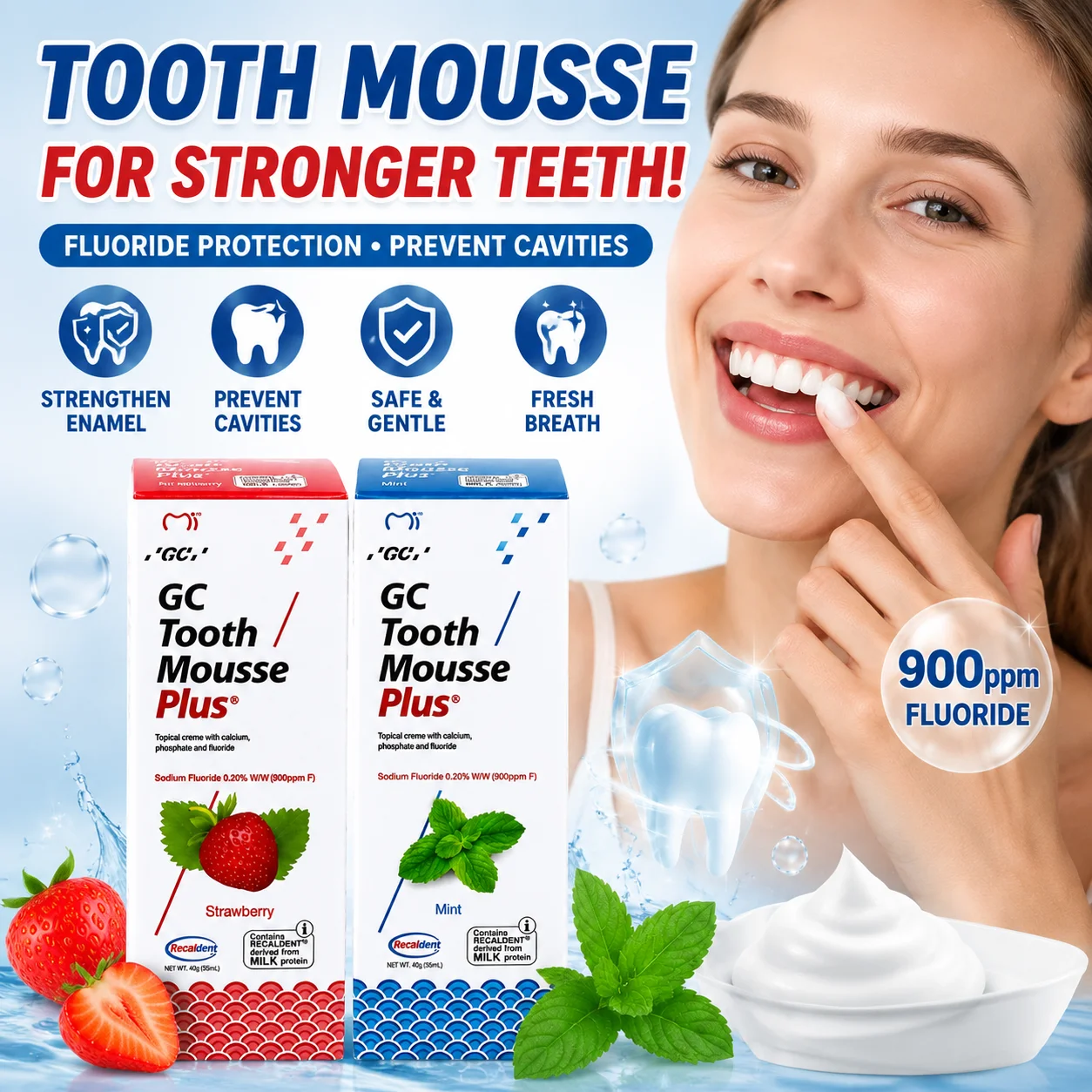 GC Tooth Mousse Plus Pasta de Dente Sabor Morango e Menta Repara o Esmalte Previne Cáries Tratamento Oral Diário Mousse
