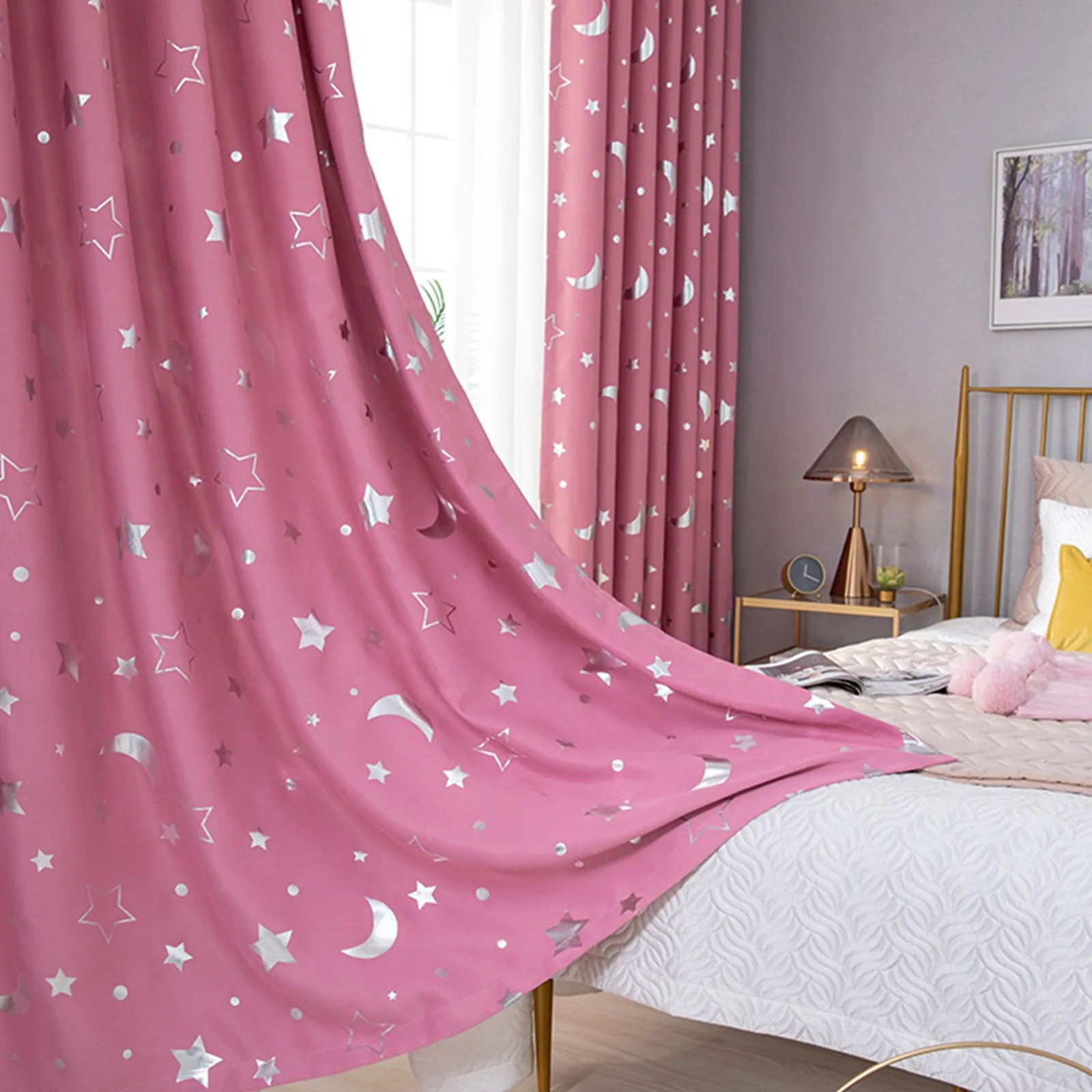 Pink Star Moon Print Kids Boy Girls Window Curtains Room Thermal Insulated For Bedroom Home Decor