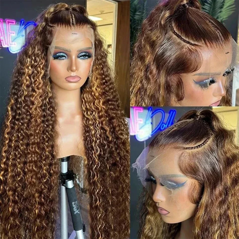Highlight HD Invisi-Strap 360 Full Lace Wig Pre Plucked Deep Curly 250 Density 360 Lace Frontal Wigs Drawstring Highlight Wig