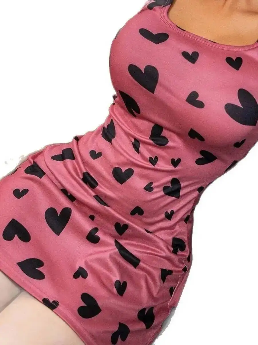 Sexy Pink Heart Printed Homewear Dress Elegant Sweet Deep V Suspenders Sleeveless Dress Elegant Charming Pure Desire Casual QGHU