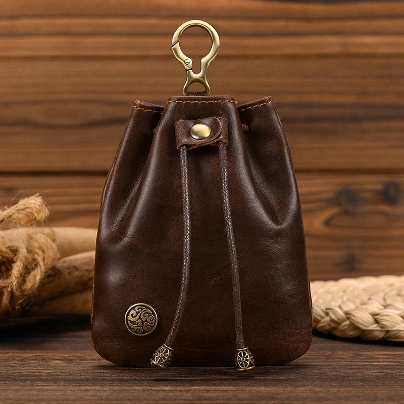 Luufan Vintage Coin Purse Men Women Genuine Leather Casual Small Coin Wallet Cowhide Money Pocket Drawstring Storage Waist Pack