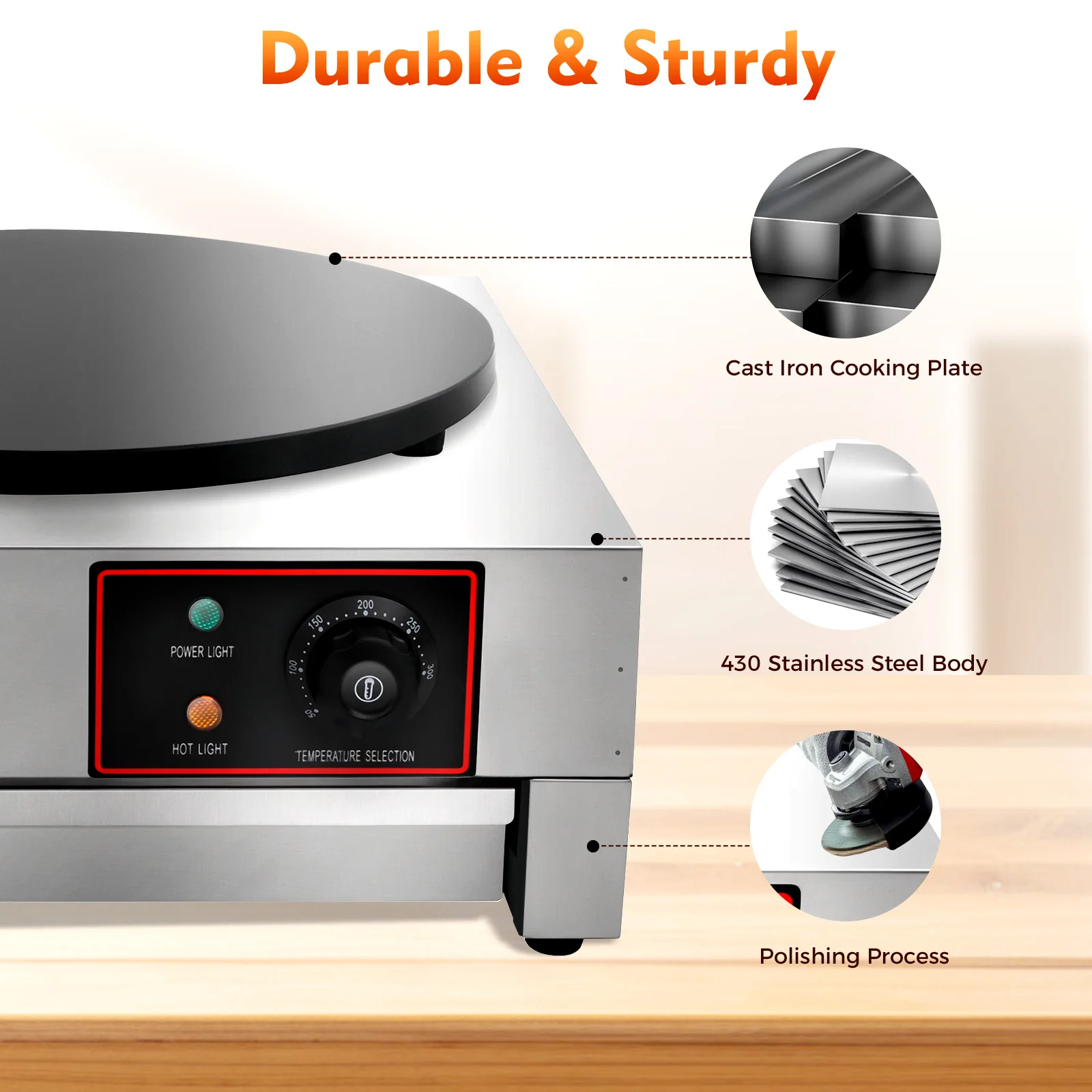 Teglia per crêpe elettrica, teglia da 15,75 pollici di diametro, temperatura regolabile per comodità in cucina, supporto per snack, negozio di dessert