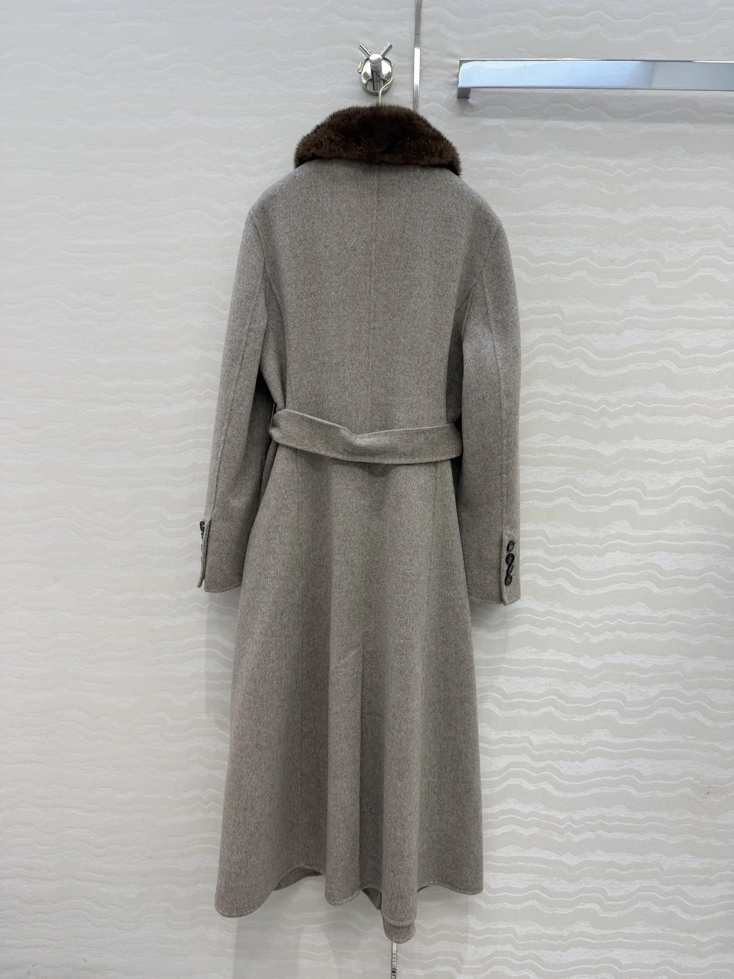 Women Long Double Faced Wool Coat, Natural Mink Fur Collar, 90% Wool 10% Cashmere Thick Soft Outerwear