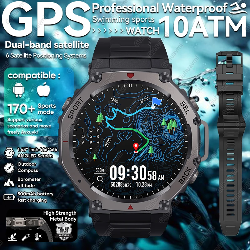 

Military T-Rex 3 Ultra GPS Smart Watch 5 ATM Waterproof Built-in Dual-band GNSS Compass 170+ Sport Smartwatch Men 2026 New Watch