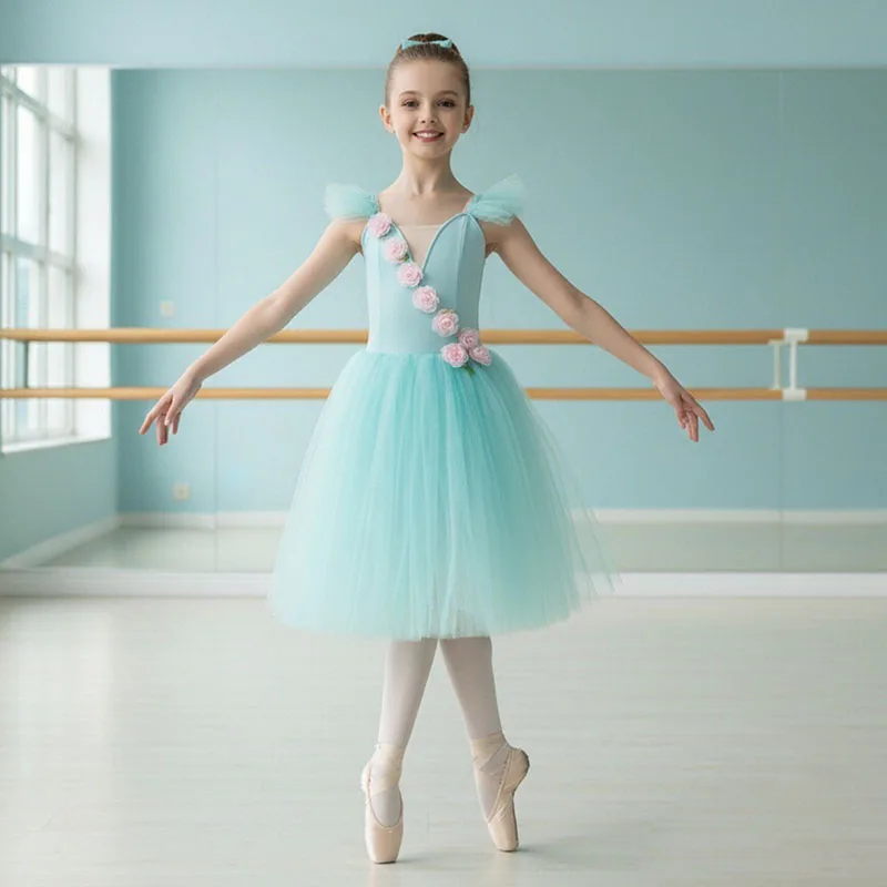 

Romantic Tutu Giselle Ballet Costumes Girls Child Velet Tulle Skating Dress Ballerina Bubble Short Sleeve Lace-up Summer Dress