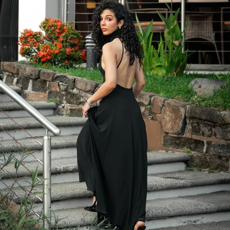 HXAO 2025 Black Halter Dress Womens Dresses Lady Luxury Prom Party Dresses Sleeveless Backless Vestidos Elegant Cocktail Dresses