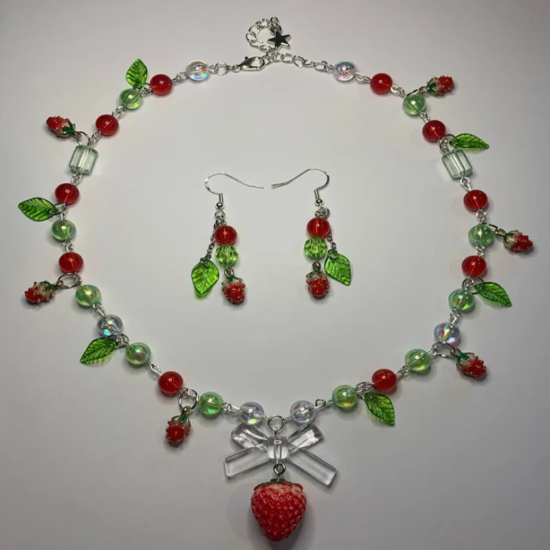 Matching Strawberry necklace, earrings and bracelet - handmade beaded strawberry themed jewelry, summer, nature, cluttered , sil