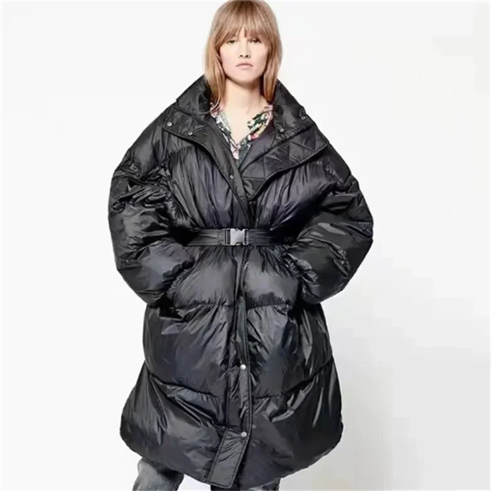 Belt down jacket women long winter white duck down fashion loose coat women