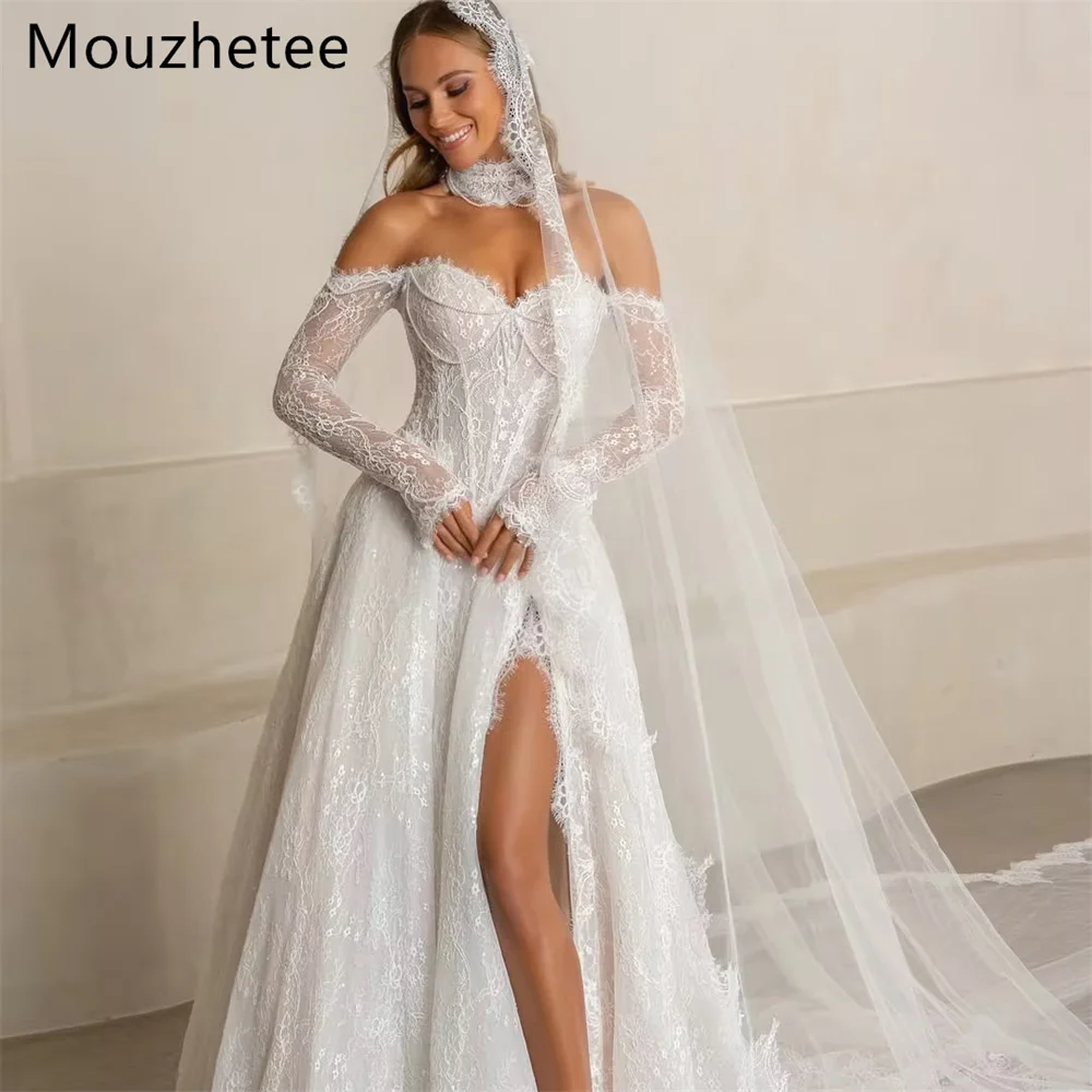 

Mouzhetee A-Line Elegant Pearls Off The Shoulder Lace Wedding Dresses Princess Side Split Brides Gown Custom Made 2026