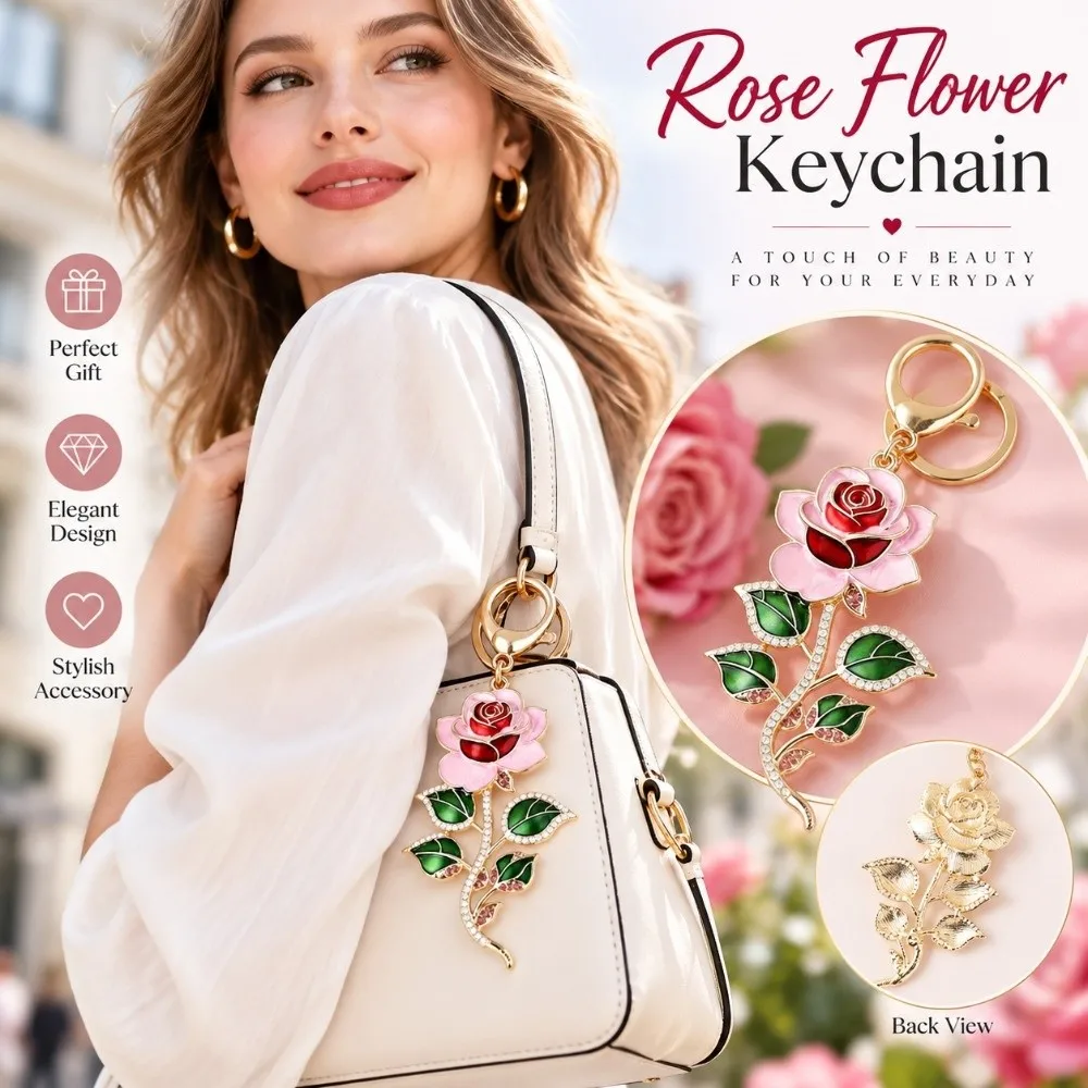 Rose Flower Keychain Lobster Clasp Hanging Crystal Keyring DIY Jewelry Rhinestone Backpack Accessory Handbag Decor Accessories