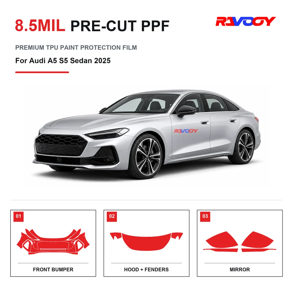 Film de protection de peinture transparent en TPU pré-découpé pour Audi A5 S5 Berline 2025, 8,5 mil, auto-réparant, hydrophobe, anti-UV et anti-éclats de pierres