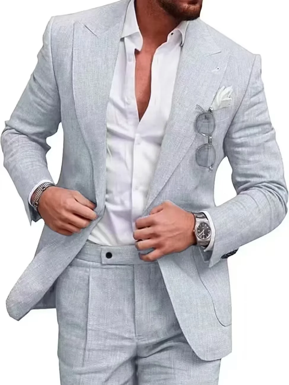 Men\'s Linen Set 2-Piece Slim Fit Suit Summer Beach Wedding Set  One Button Tuxedo Linen Suit Jacket And Pants Set