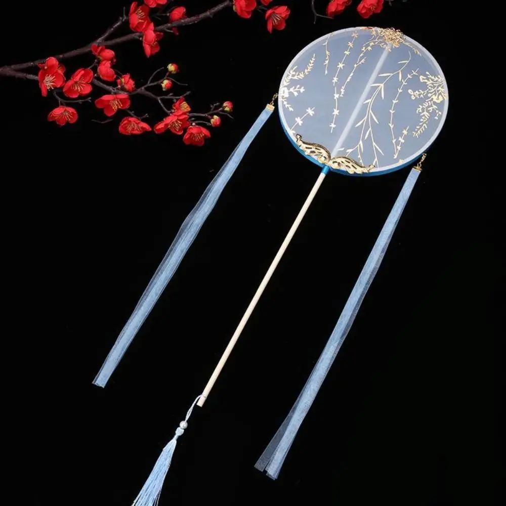 Vintage Chinese Style Chinese Style Round Fan with Pendant Long Handle Embroidery Fan Tassels Translucent Silk Fan Home Decor