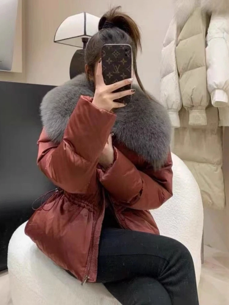 سترة كبيرة من فراء الثعلب مع طية صدر السترة سترات كورية ضيقة للنساء موضة شتوية أنيقة سميكة دافئة 90% معطف منتفخ على شكل بطة بيضاء ملابس خارجية #2