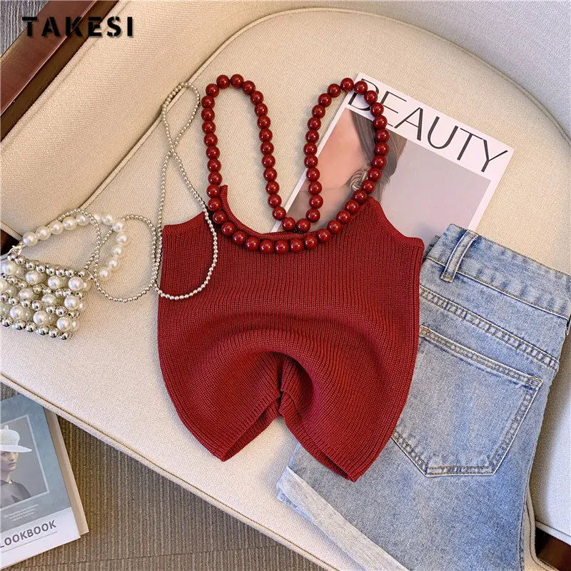 Women Hotsweet Solid Color Sleeveless Knitting Sexy Tanks Top 2023 Summer Korean Y2k Slim Fit Beading Crop Top Female Vest