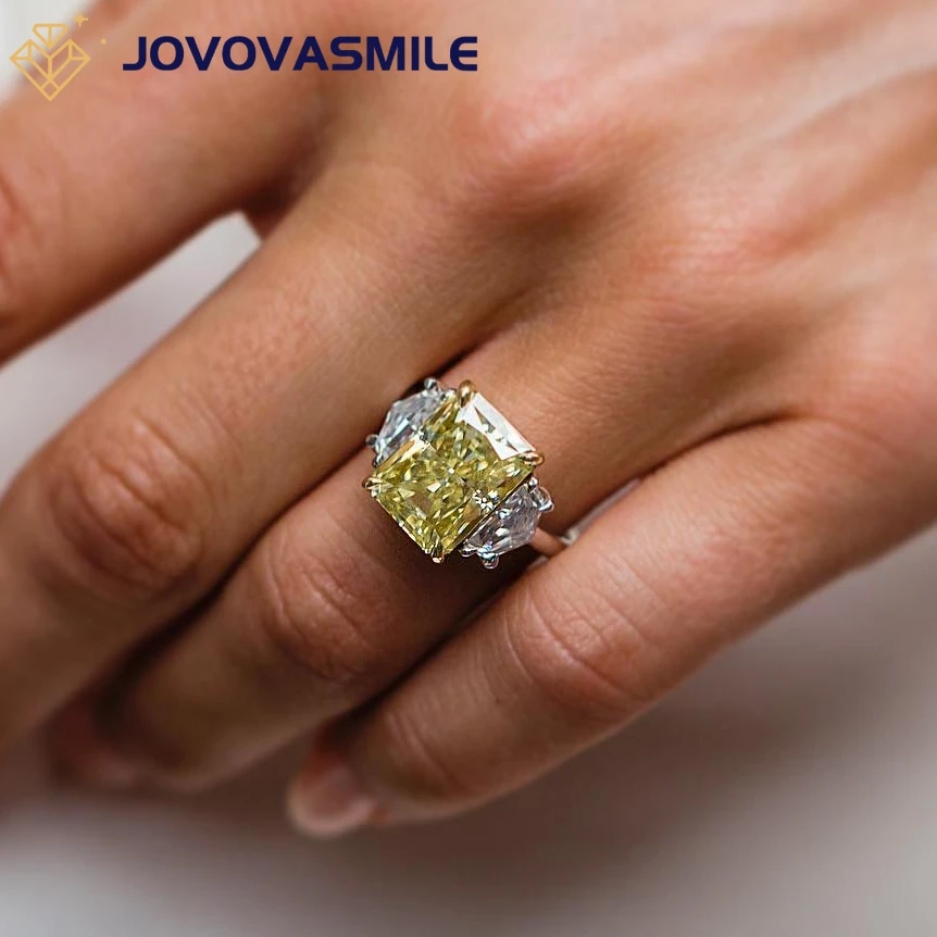 JOVOVASMILE 12X9mm 6 Carat Moissanite Yellow Canary Crushed Ice Radiant Center With Two Side Tone 18K Yellow Gold Setting