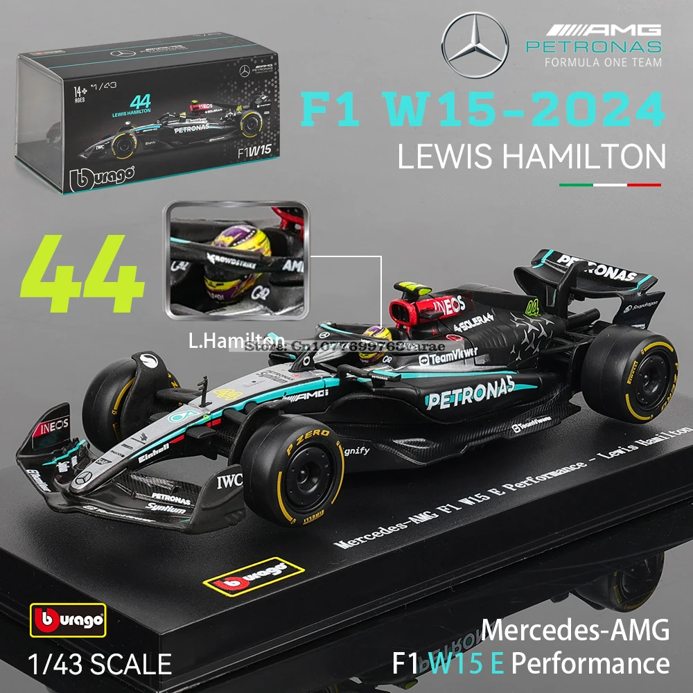 Bburago 1:43 Mercedes-AMG Petronas F1 Team W15 2024 #44 Hamilton #63 George Russell Alloy Car Die Cast Model Toy Collectible