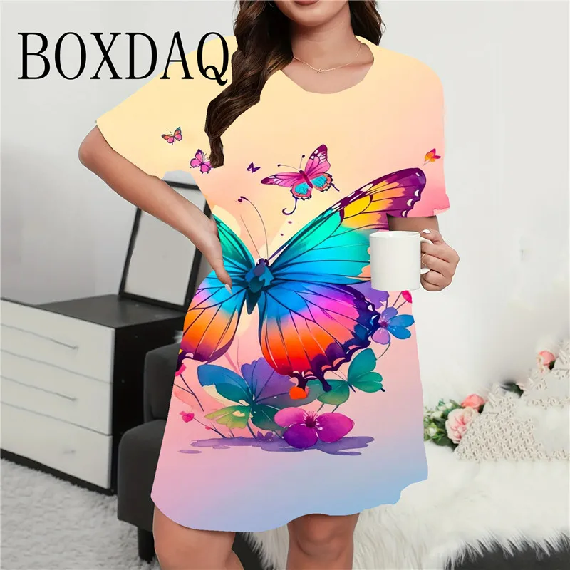 Décontracté Printemps Été Femmes Robe Douce Couleur Papillon Imprimer Mini Robe 2024 Mode À Manches Courtes At A-ligne Robes XXS-3XL
