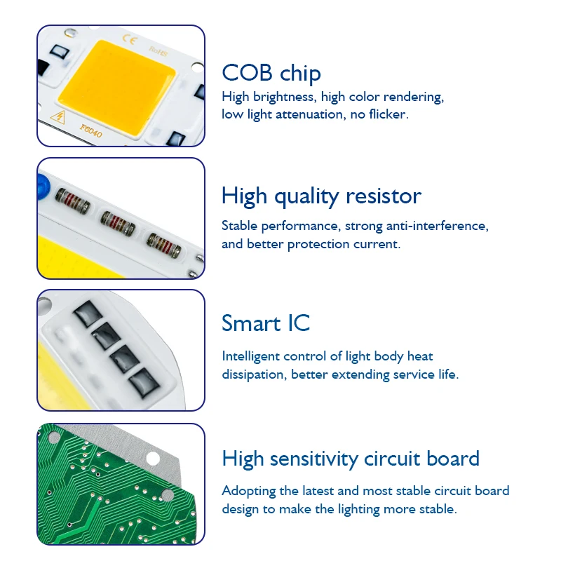 LED COB 칩 드라이버 없는 스마트 IC 투광 조명 스포트라이트용 LED 램프 비즈, DIY 매트릭스 조명, 10W, 20W, 30W, 50W, AC 110V, 220V