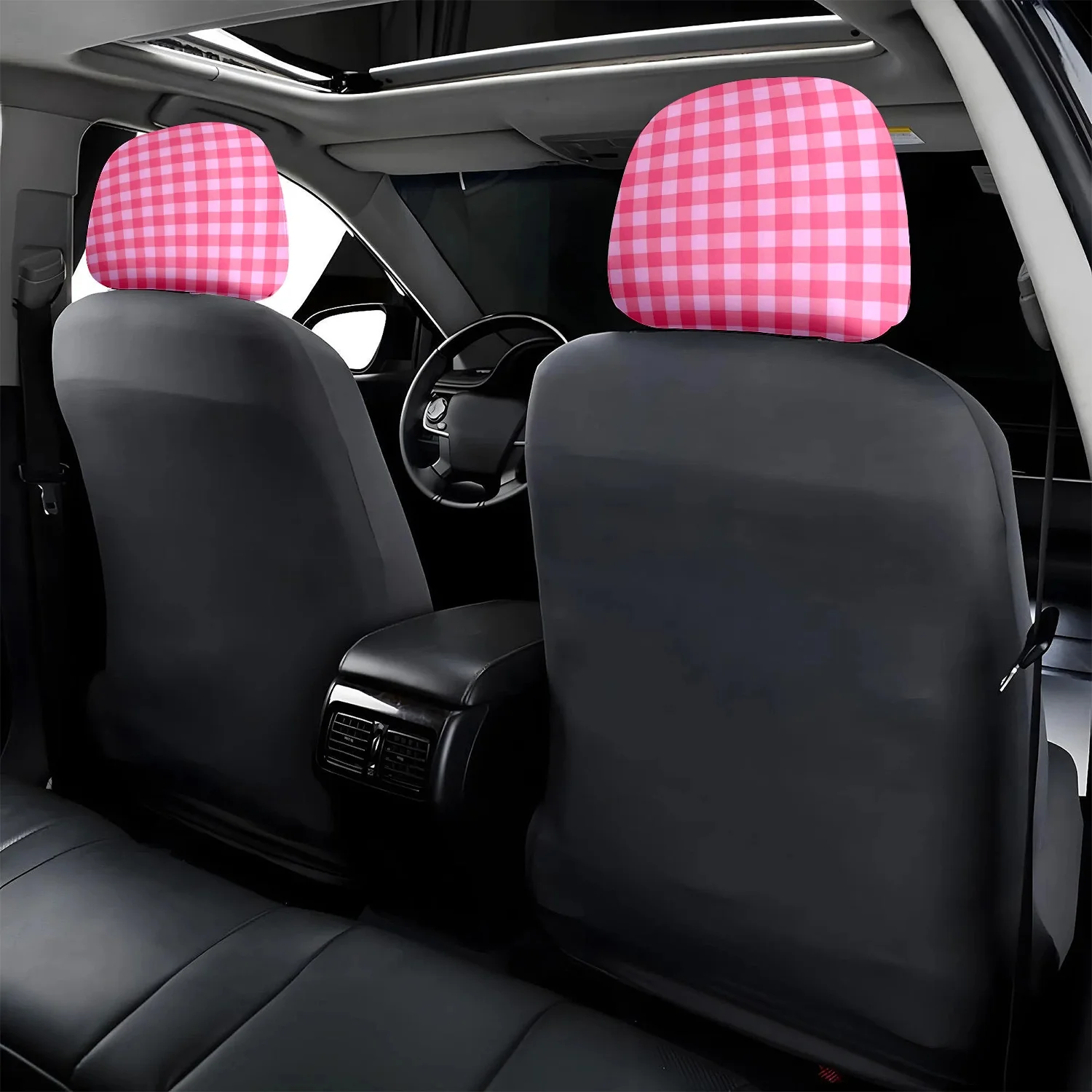 Pink Gingham Check Car Headrest Covers Cute Plaid Pattern Stretch Head Rest Protectors Universal Fit Auto Interior Decor