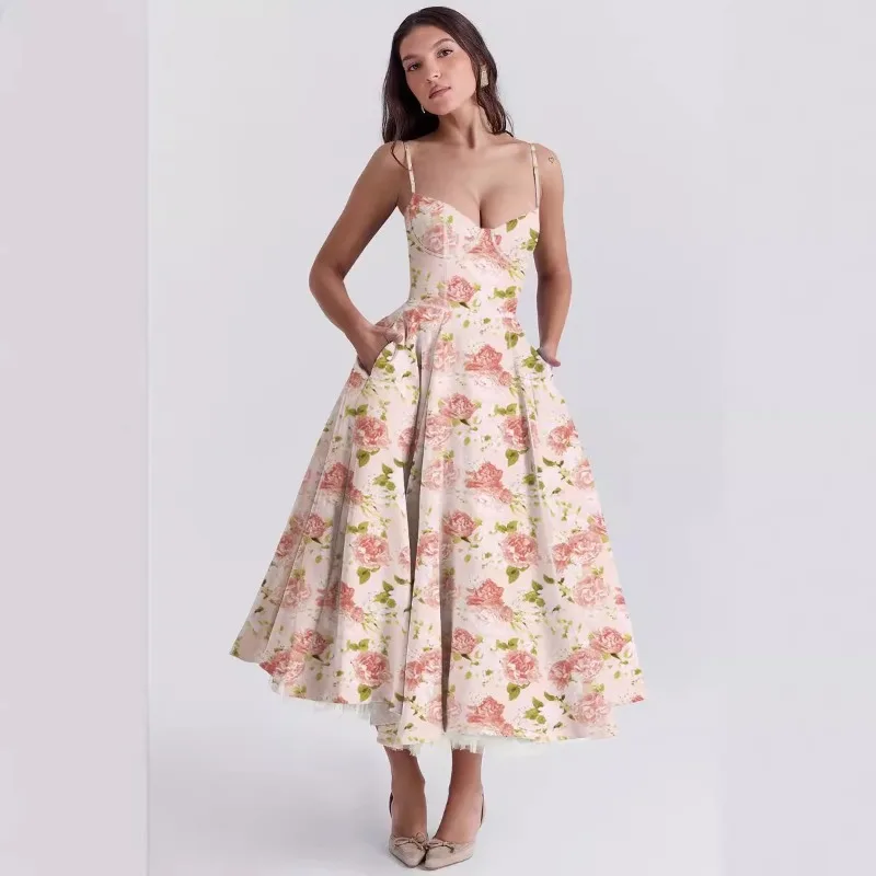 Elegante flor impressão cinta de espaguete vestidos de princesa feminino sexy baixo corte sem costas malha dupla camada bainha vestido senhora festa