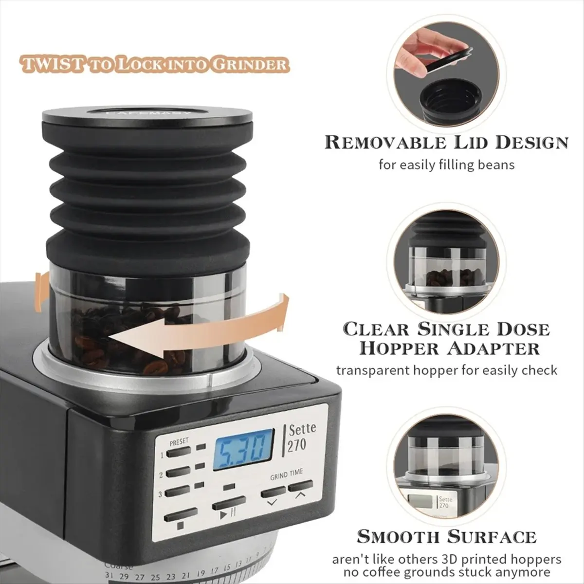 FSLH Kaffeemühle Single Dose Hopper für Sette 270/BG30 Silikonbalg PC Hopper und Mahlbehälter