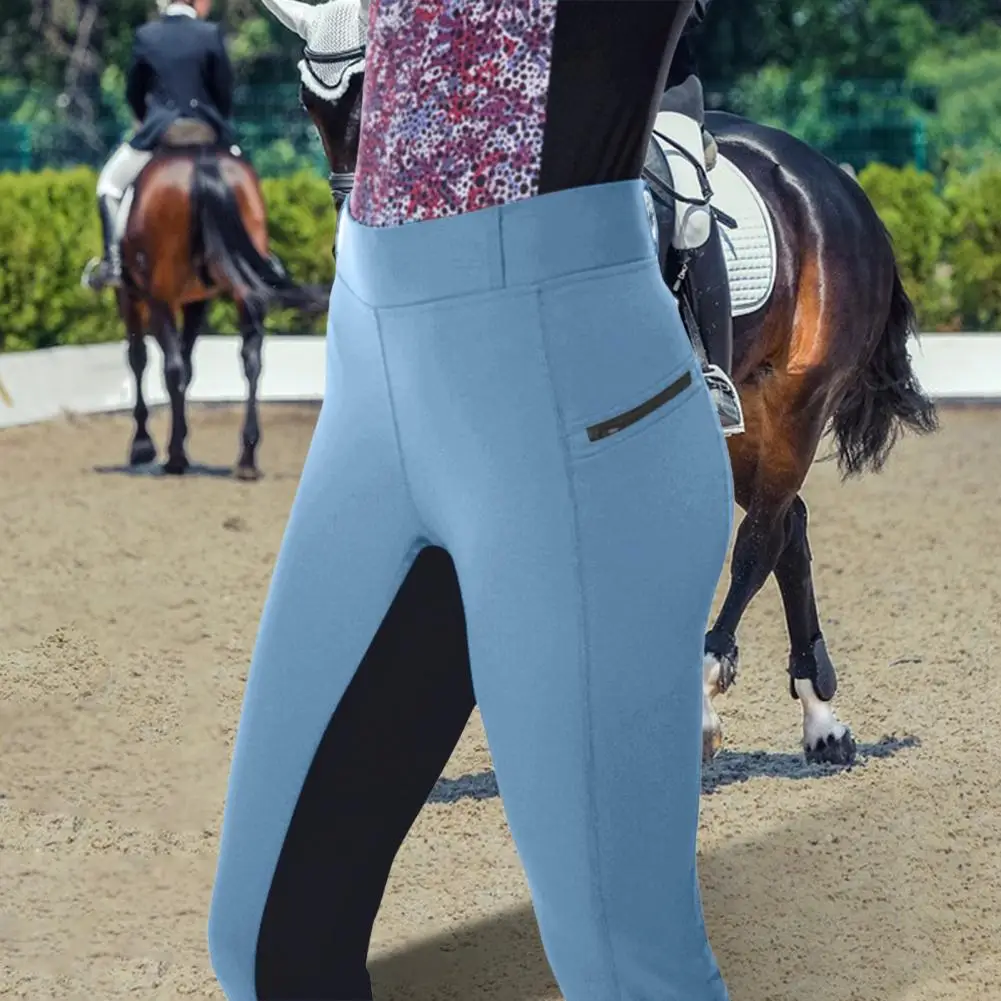 High Waist Punk Style Good Elasticity Ninth Length Riding Pants Splicing Color Exercise Equestrian Pants Female Clothing